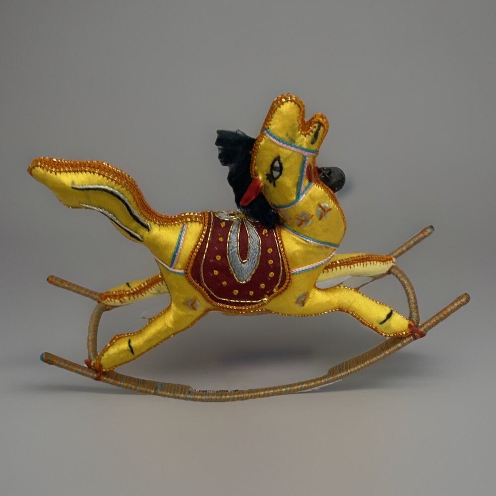 Fabric and Wire Yellow India Rocking Horse Folk Art Figurine 4.5X5"